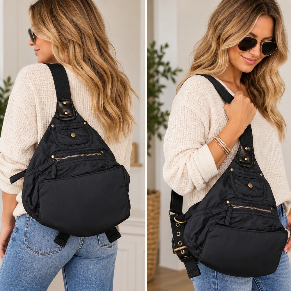 Nine West Black Nylon Sling Backpack Shoulder Bag Leopard Lining Y2K